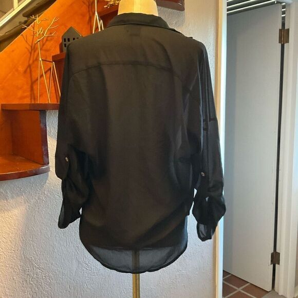 About A Girl Womens Collared Plunging Neck Roll Tab Sleeve Blouse Black Small - Picture 4 of 8